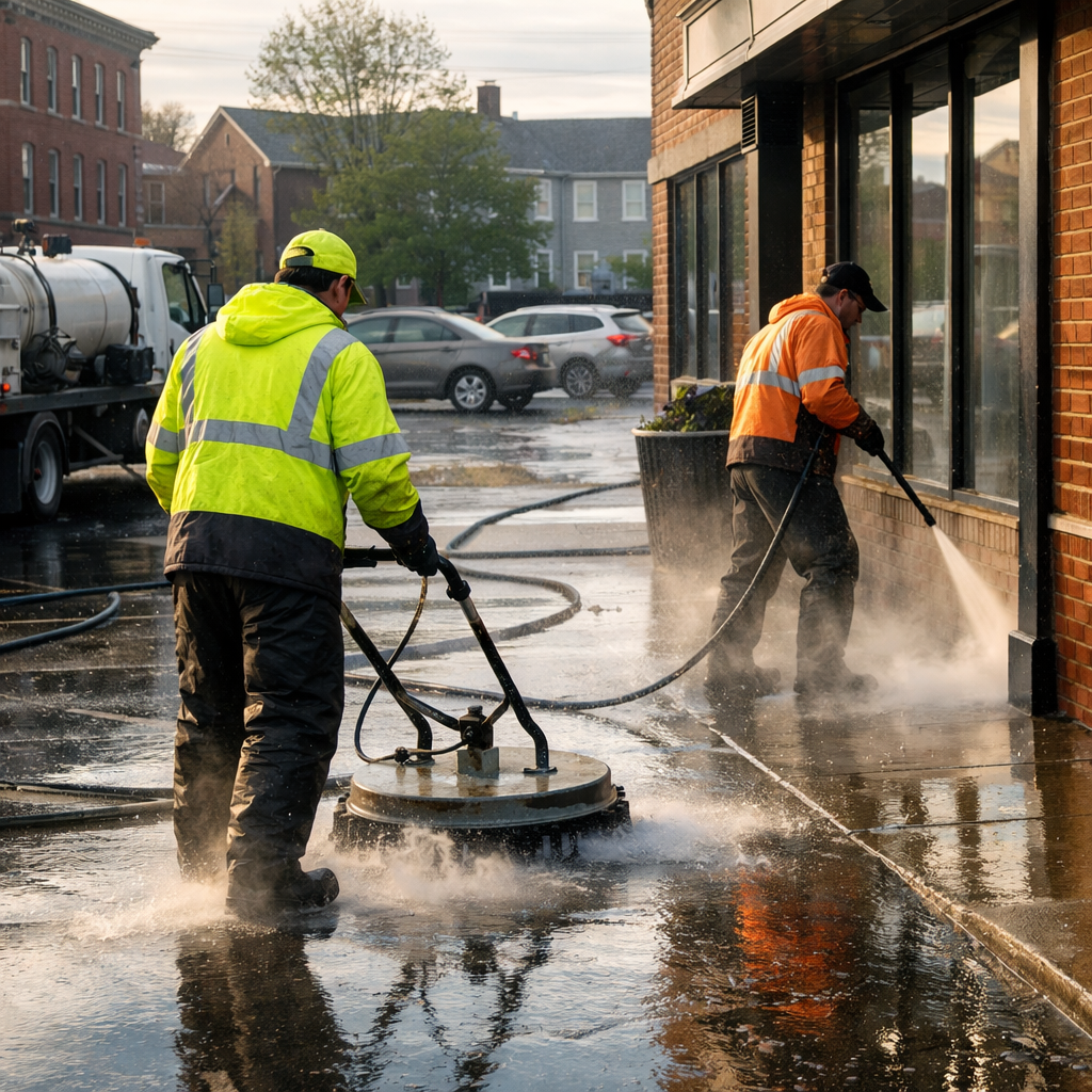 Professional pressure washing crew cleaning a commercial parking lot and storefront sidewalk in a New England city setting, showing water spray and wet pavement.