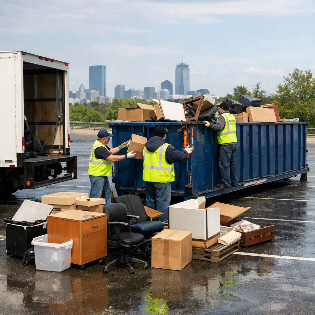 Crew in high-visibility vests loading bulky items into a roll-off dumpster during a commercial tenant clean out with a distant Boston skyline.